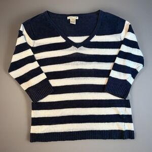 Avalin Linen Sweater Womens Medium Navy Ivory Striped V Neck Lightweight Knit